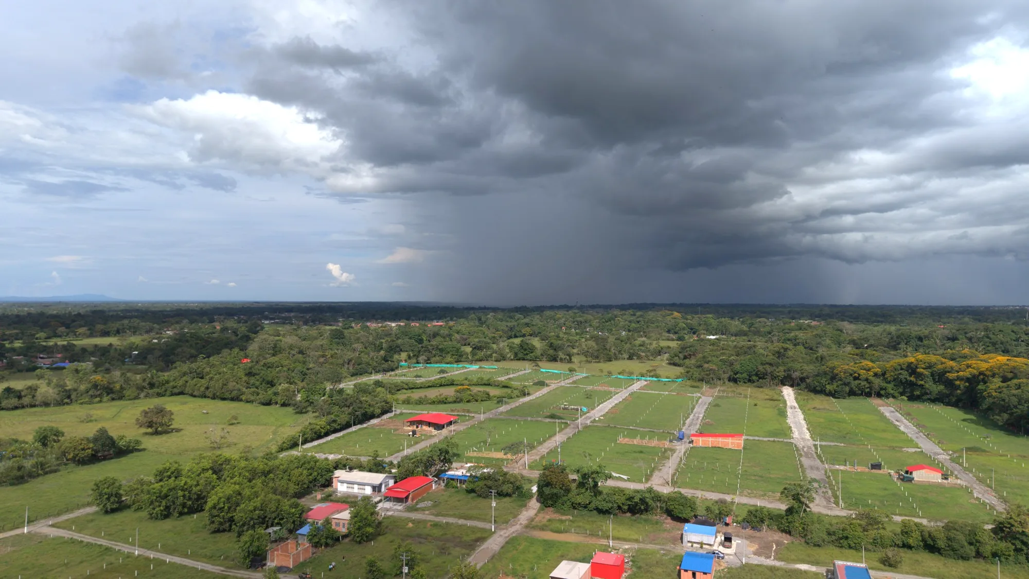 Viviendas construidas y lotes demarcados entre vías abiertas, rodeados de bosque