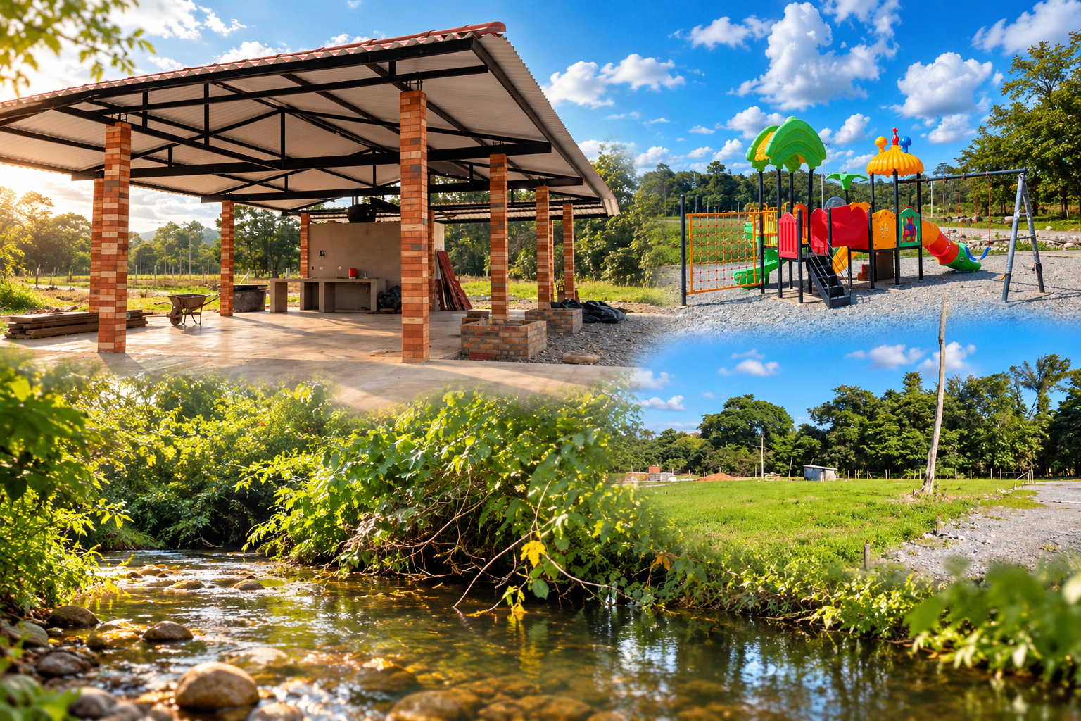Hawái: salón comunal, parque infantil, riachuelo y entorno verde