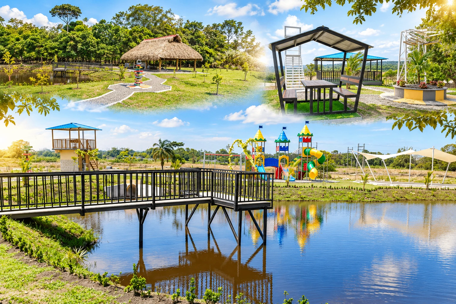 Composición de Verdecielo: lago con muelle, parque infantil, kiosco de palma, sendero y zona de picnic