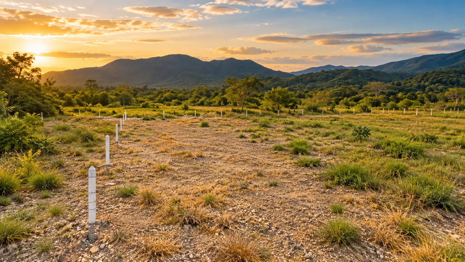 Atardecer sobre el terreno de Terra C, con cerco de postes blancos y montañas al fondo